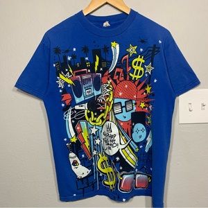 Vintage Y2K Hip Hop Blue Big Print Cartoon Graphic Tee Size Medium‎